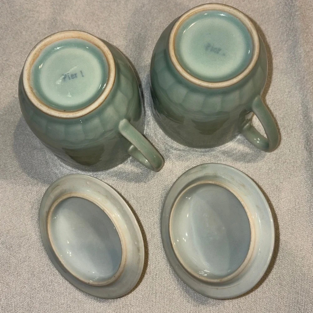 Vintage Pier 1 Elegant celadon koi fish Mugs with Lids